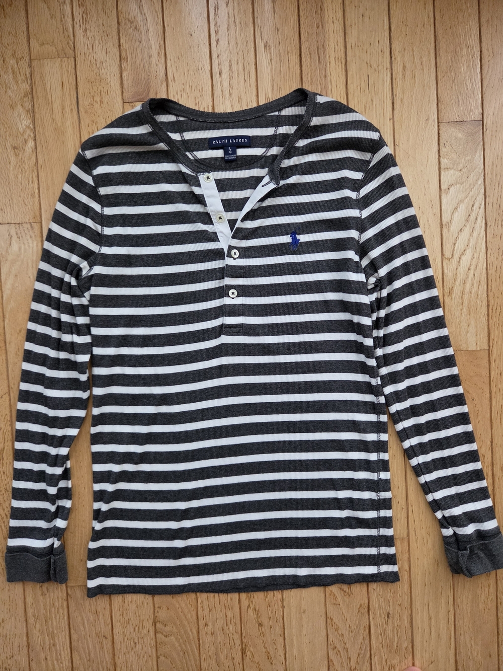 Ralph Lauren Grey & White Striped Long-Sleeve Henley with Blue Pony - Women's L